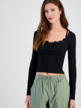 Sugar Moon Juniors' Layered-Look Pointelle Knit Top - Black SIZE S NWT